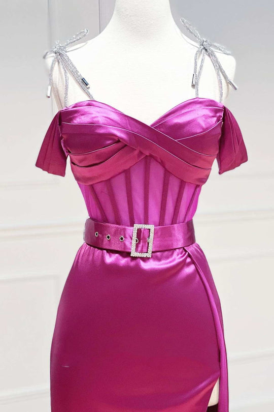 Luolandi A line Spaghetti Straps Sweetheart Prom Dresses with Slit Belted Sexy Evening Dresses
